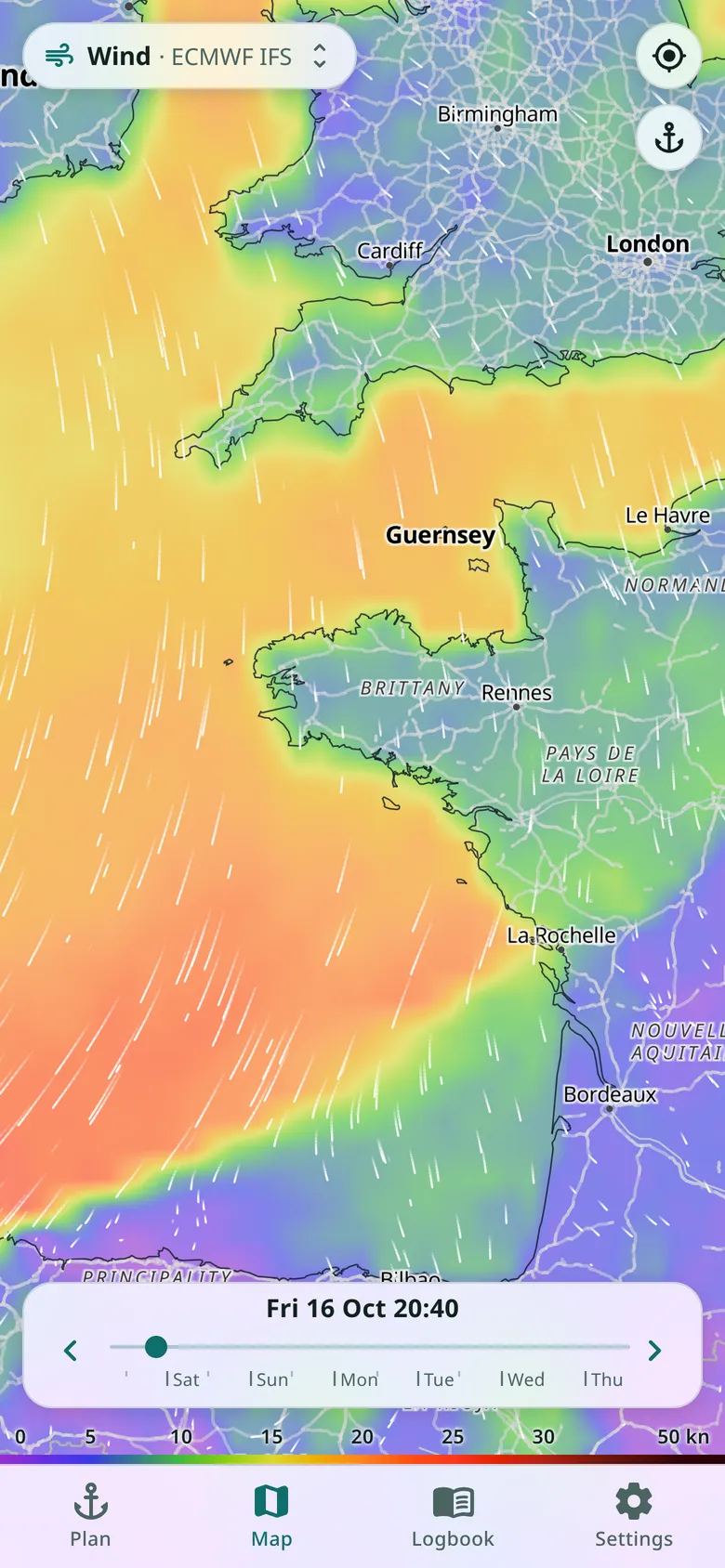 Snubber's forecast map: wind speeds in colour over Brittany and the Channel, with a time slider over the coming week.